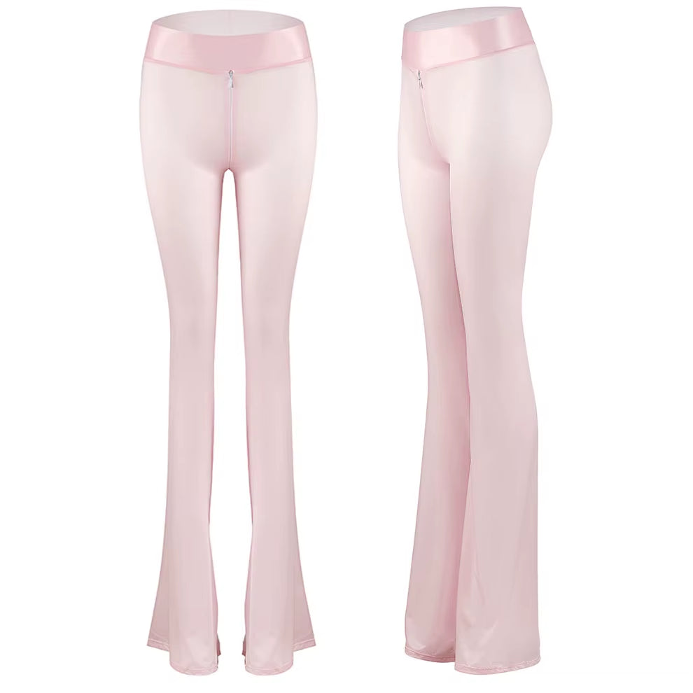 Glossy Shiny Zipper Crotch Hot Flare Exotic Pants Wet Look Leggings Pants Bodycon Fitness Legging Wetlook Sexy Clubwear Trousers