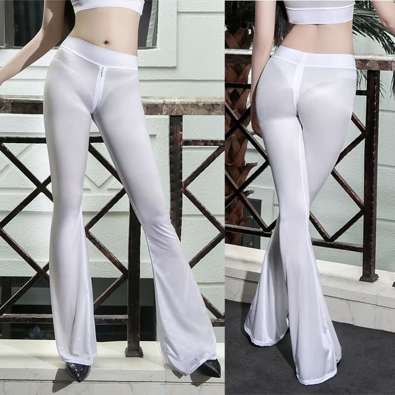 Glossy Shiny Zipper Crotch Hot Flare Exotic Pants Wet Look Leggings Pants Bodycon Fitness Legging Wetlook Sexy Clubwear Trousers