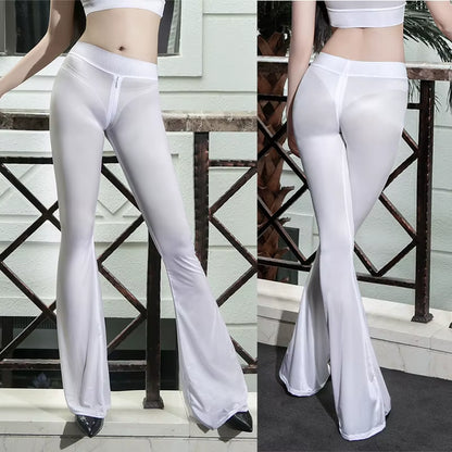 Glossy Shiny Zipper Crotch Hot Flare Exotic Pants Wet Look Leggings Pants Bodycon Fitness Legging Wetlook Sexy Clubwear Trousers